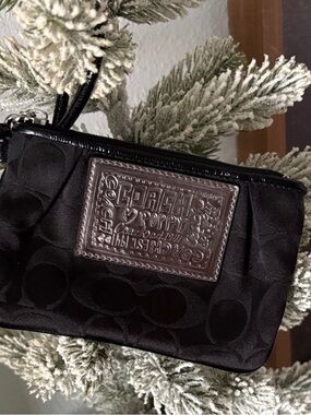 Coach Black Signature Poppy Wristlet with Leather Patch